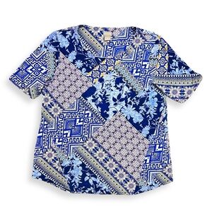 Chico’s Blue Geometric Floral Patchwork Short Sleeve Short Size 2 (Large)